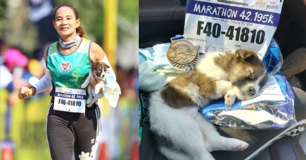 Žena zachránila zatoulané štěně v polovině maratonu